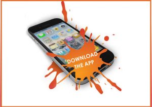 Image of an iphone with text saying download the app